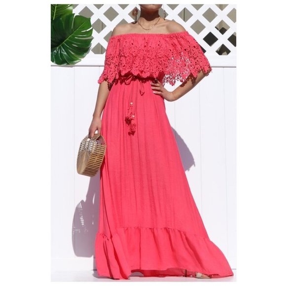 Boho Coral Off Shoulder Crochet Ruffle Maxi Dress - Picture 2 of 5